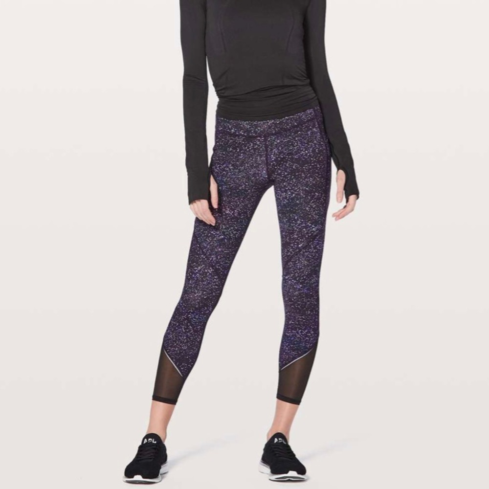 Lululemon Gait Keeper 7/8 Tight Legging Black Purple Crystalline Mesh Insert Run